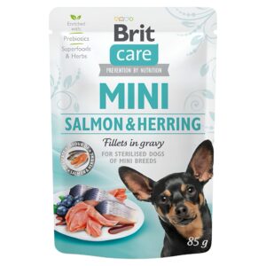 BRIT MINI WITH SALMON & HERRING FILLETS IN GRAVY FOR STERILISED DOGS  85G