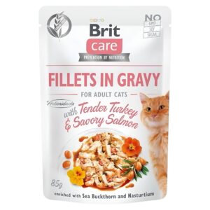 BRIT FILLETS IN GRAVY FOR ADULT CATS TENDER TURKEY & SAVORY SALMON 85G